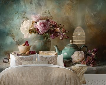 Kuchen mit Keksen und Pfingstrosen – Stillleben im Morgenlicht