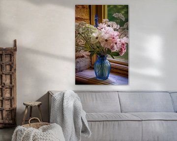 Bouquet of wildflowers in blue vase