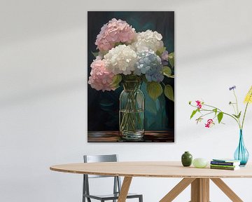 Bouquet of hydrangea's in glass vase