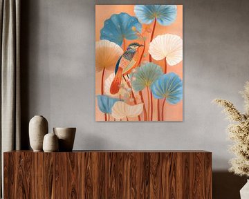 Kleurrijke vogel tussen grote bladeren
