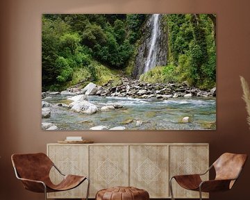 Thunder Creek Falls falling into the Haast River by Frank's Awesome Travels