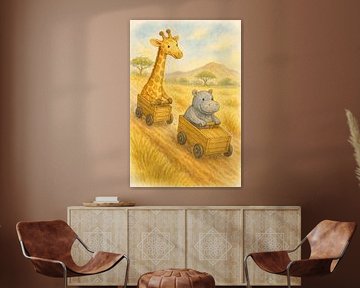 Giraffe und Nilpferd veranstalten Seifenkistenrennen (AI) (Holzautos, Afrika, Tiere, Kinderzimmer) von Natalie Bruns