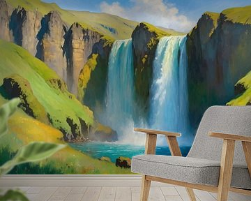 Icelandic Waterfall Painting Landscape by MIROKKU