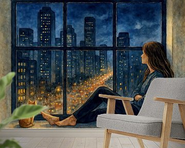 Looking at lights city together (AI) (window, cat, kitten, dark, watercolour painting, night, evening) by Natalie Bruns