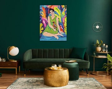 Woman with Bird, Vibrant Jungle Tropical Art Print by Hecate Pim
