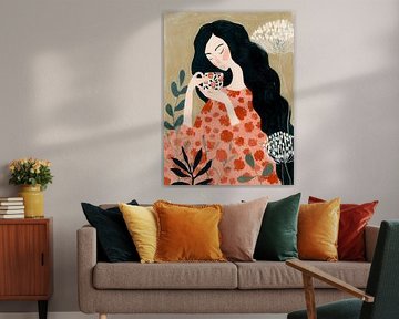 Woman with floral dress enjoying a moment's rest with coffee