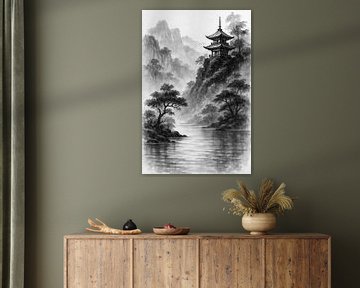 Tempel boven het water (AI) (pagode, sumi-e, Japans, grijstinten, sereen, berglandschap, zwart-wit. bomen, bergen, rivier, rustgevend, zen, tijdloos) van Natalie Bruns