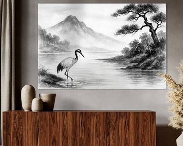 Kraanvogel bij de rivier (AI) (Japanse stijl schilderij, sumi-e, harmonieus, rustgevend, natuurliefhebbers, zwarte inkt, zen, Azie, kunst) van Natalie Bruns