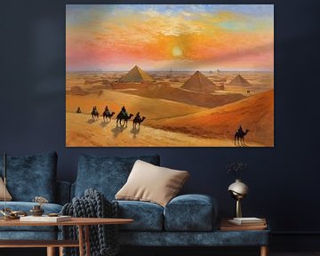 Piramide van Gizeh Complex met zonsondergang en landschap van kameelruiters van MIROKKU