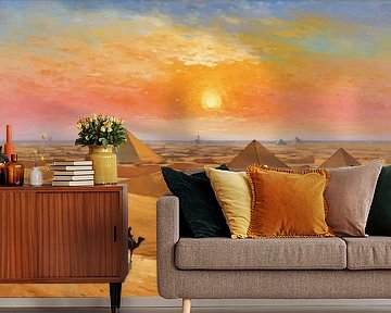 Piramide van Gizeh Complex met zonsondergang en landschap van kameelruiters