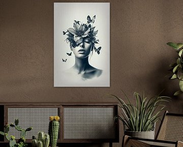 Zwart-wit portret van vrouw met bloemen en vlinders van Marijke Trienekens
