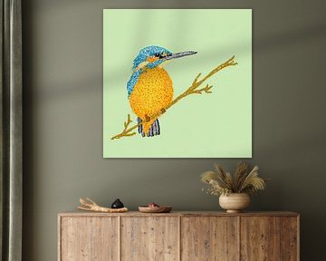 Digital art in de stijl van pointillisme kunstwerk Ijsvogel op een tak van Studio Spanjersberg