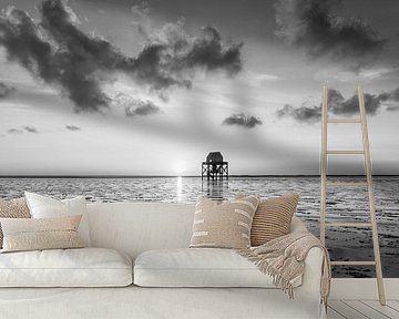 Zonsondergang op de Engelsmanplaat een zandplaat in de Waddenzee in zwart wit