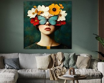Vlinder Blinddoek | Portret met Bloemen en Vlinder van Blikvanger Schilderijen