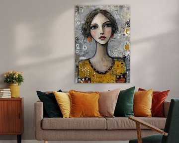 Vrouwenportret schilderij | Stralende Schoonheid in Grijs van Abstract Schilderij