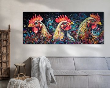 Peinture de coqs | Coqs joyeux dans un style coloré