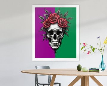 Tête de mort avec des roses rouges - Artwork de style tatouage contrasté