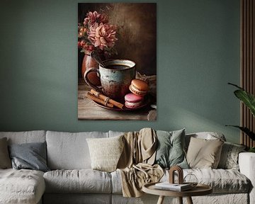 Romantisch herfststilleven met koffie, macarons en warme tinten van Joriali fotografie en schilderijen