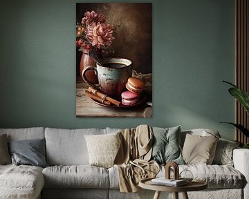 Nature morte romantique d'automne avec du café, des macarons et des teintes chaudes sur Joriali photographie et peintures