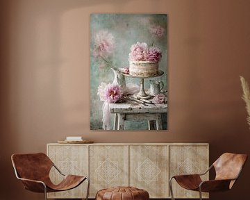 Peony Cake on a Vintage Wooden Table - Shabby Chic Still Life by Joriali photography and paintings