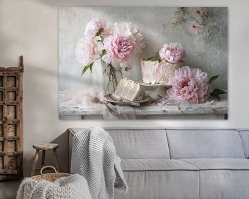Cake with Peonies as Table Decoration - Romantic Still Life by Joriali photography and paintings