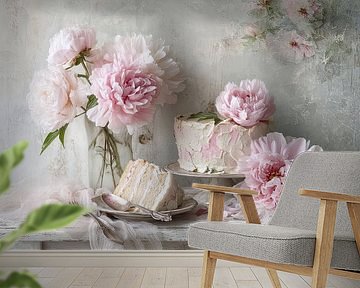 Torte mit Pfingstrosen als Tischdeko – Romantisches Stillleben