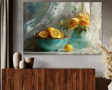 Romantisch zomers stilleven met citrus en turquoise servies van Joriali fotografie en schilderijen