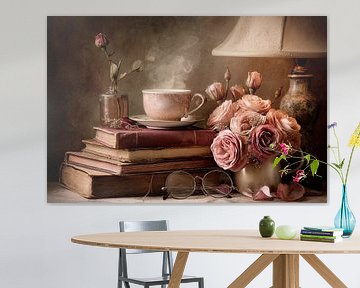 Romantic still life with books, tea and flowers by Joriali photography and paintings