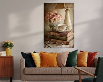 Romantic still life with books, tea and flowers by Joriali photography and paintings