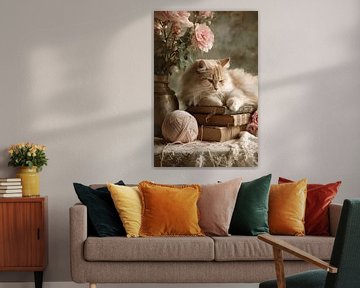 Romantisch stilleven met kat, boeken en bloemen van Joriali fotografie en schilderijen