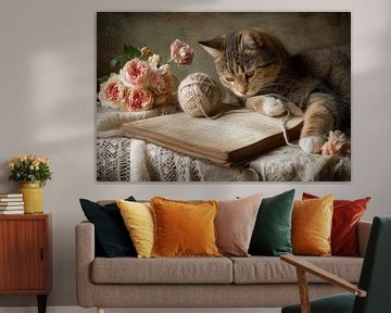Romantisch stilleven met kat, boeken en bloemen van Joriali fotografie en schilderijen