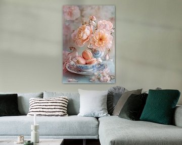 Pink Macarons in Porcelain Cup with Flowers - Romantic Still Life by Joriali photography and paintings