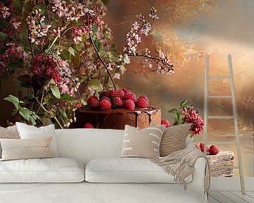 Schokoladenkuchen mit Früchten und Blumen – Festliches Stillleben