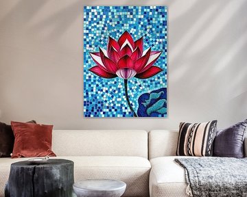 Mosaïque murale Crimson Lotus Bloom - Chef-d'œuvre de décoration intérieure en carreaux de verre fabriqués à la main