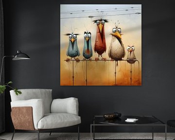 Surreal five funny birds perch sitting cartoon absurd