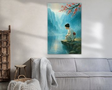 Geisha bij de rivier (Japan, blauw, dromerig, natuur, zen, rustgevend, kersenbloesem, tijd voor jezelf, sereen, stilte, kimono) van Natalie Bruns