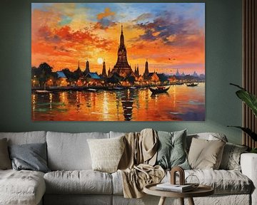 Wat Arun torenspits op Chao Phraya rivier zonsondergang landschap van MIROKKU