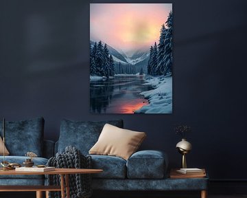 Besneeuwd bos bij zonsondergang van rendy okta
