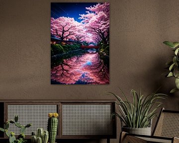 Kersenbloesem Sakura met architectuur Japan van Ruzerin
