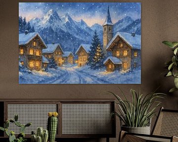Winters dorp in de Alpen (AI) (avond, sneeuw, winter wonderland, besneeuwde bergtoppen, Kerstmis, kerktoren, knus, feestdagen, kerstboom, sprookjesachtig))) van Natalie Bruns