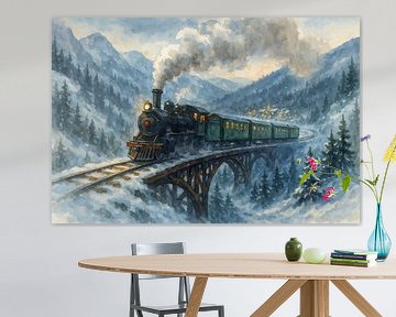 Stoomtrein door de besneeuwde bergen (AI) (winter, nostalgie, treinreis, feestdagen, kerstbomen, aquarel, schilderij, spoorbrug, dromerig, avontuurlijk)) van Natalie Bruns