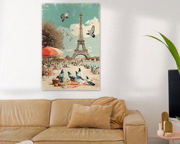 Eiffel Tower Picnic Chaos – Humoristische Retro Poster van BowiScapes abstract en digitale kunst