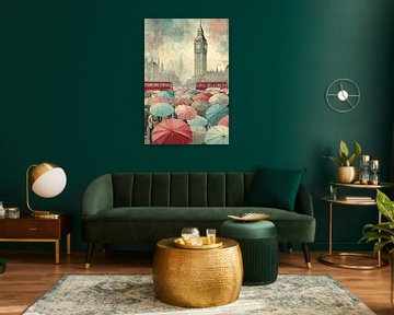 London Rain Umbrella Chaos – Vintage Retro Poster van BowiScapes abstract en digitale kunst