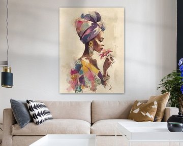 Vrouw met kleurrijke hoofddoek en bloem in aquarelstijl