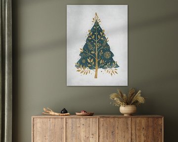 Minimalistische kerstboom in goud en diepblauw van But First Framing