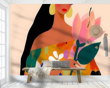 Stilvolle Frau mit Blume in buntem Kleid von But First Framing