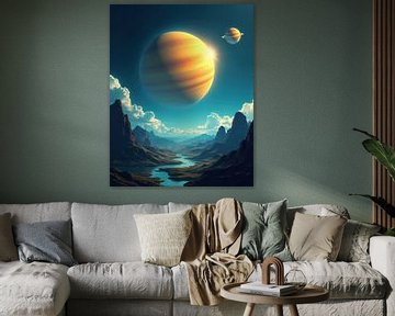 Buitenaards landschap met gasreus en riviervallei van Markus Gann
