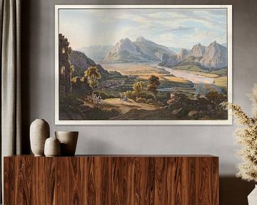 Uitzicht op de ruïne Haldenstein boven Ragatz en de stad Sargans, Johann Ludwig Bleuler