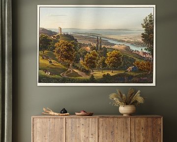 Ingang van de Rijn in het Bodenmeer met de stad en ruïnes van Rheineck, Johann Ludwig Bleuler