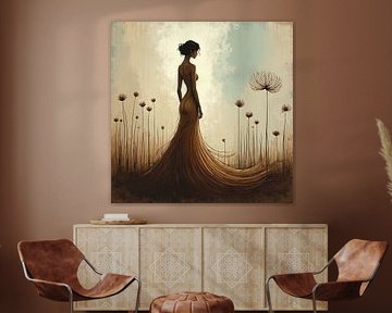 Woman in gold dress - abstract elegance in nature